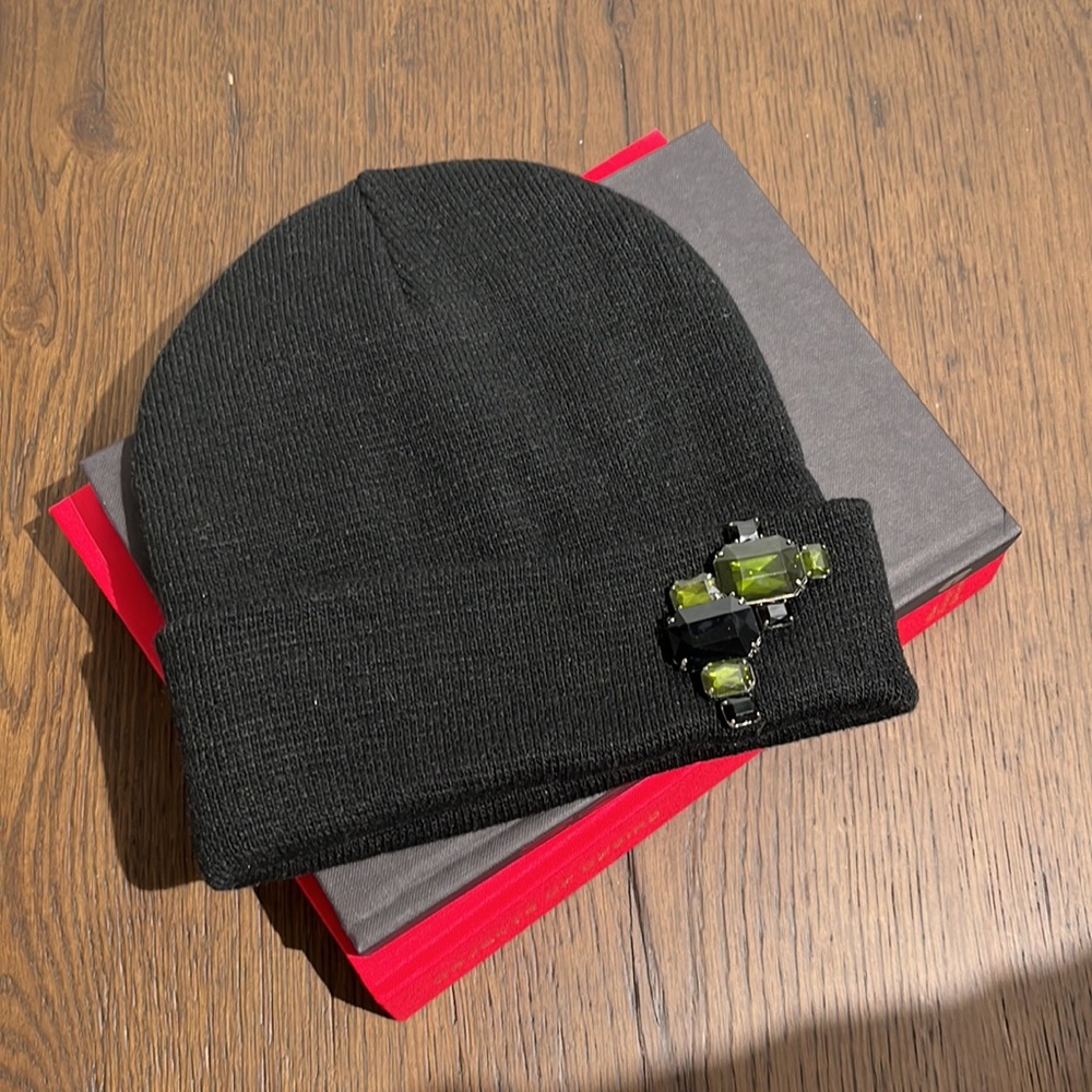Black Beanie Hat with Black and Green Rhinestone Detail